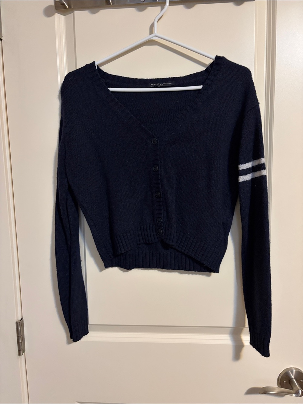 Navy V-Neck Cropped Button Cardigan with Stripe - Women Sweaters